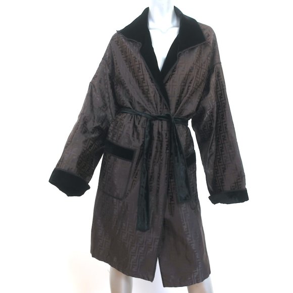 VINTAGE FENDI FF JACQUARD ROBE WITH VELVET TRIM DARK BROWN SIZE US 12 - Picture 1 of 6